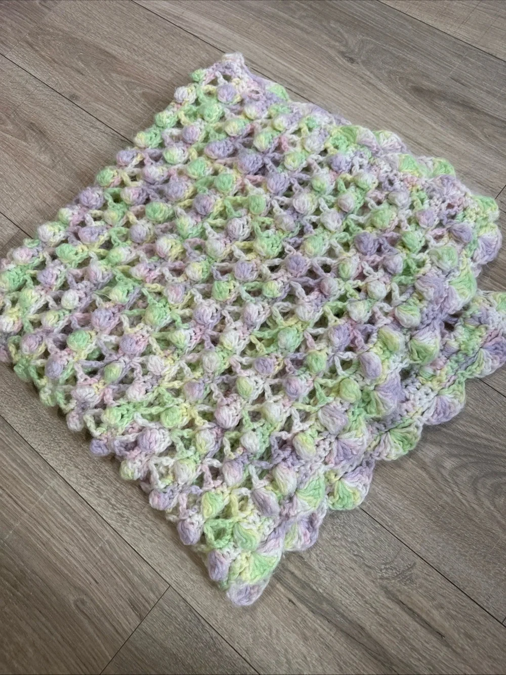Crocheted Baby Blanket Handmade Soft Pastel Colors Purple Pink Green 37